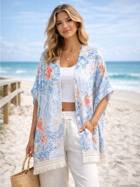 Chico’s Blue Floral Kimono Linen Blend Fringe Hem Boho Coastal Layer Size S/M